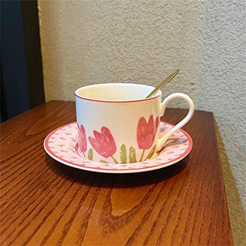 SDFGH Pembe Lale Seramik Kahve fincan ve çay tabağı Ins Yüksek değerli Retro Kız Kalp Öğleden Sonra çay Tabağı
