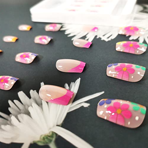 Fransız İpucu Tırnaklara Basın Kısa Kare takma tırnak Renkli Çiçek Takma Tırnak Yeniden Kullanılabilir Tam Kapak Tırnaklarda