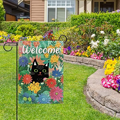 Dyrenson Karşılama Bahar Siyah Kedi Dekoratif Bahçe Bayrağı, Kitty House Yard Çim Papatya Hercai Menekşe Kırmızı Mavi