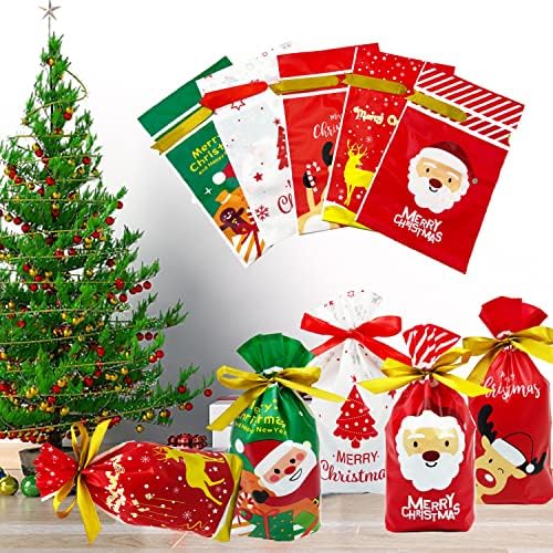 AouEtnay 50 Pcs Noel ikram çantaları Noel İpli Şeker Çanta, Noel Goodie Çanta Çerez Çanta için Noel Parti Çanta Malzemeleri