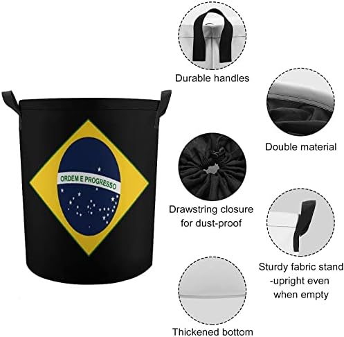 İpli Kapak ve Saplı Brezilya Bayrağı Yuvarlak Çamaşır Torbası Su Geçirmez Saklama Sepeti