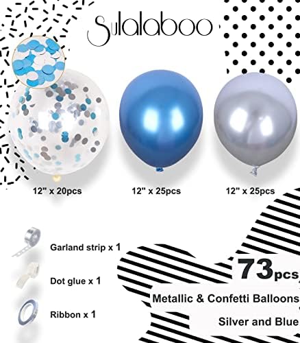 Sulalaboo Metalik Mavi ve Şerit Balonlar 12 İnç 73 PCS Şerit Mavi Konfeti Lateks Balonlar Parlak Helyum Balon Doğum