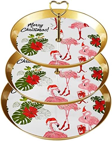 DragonBtu Altın Çubuklu 3 Katmanlı Cupcake Standı Plastik Katmanlı Tatlı Kule Tepsisi Noel Şapkalı Sevimli Pembe Flamingo