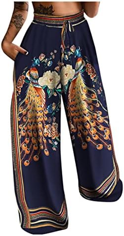 Kadın Boho Palazzo Pantolon Yaz Yüksek Elastik Bel Geniş Bacak Pantolon Vintage Casual Gevşek Fit Dökümlü cepli pantolon