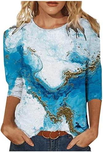 Moda üst giyim Kadınlar için Moda Mermer Baskı T Shirt Yuvarlak Boyun 3/4 Kollu Gömlek 2023 Yaz Casual Bluzlar