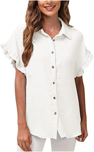 Kadın Dışarı Çıkmak yazlık gömlek Kısa Fırfır Kollu Krep Yaka Gevşek Fit Tops Düğme Aşağı Düz Renk Şık Bluz