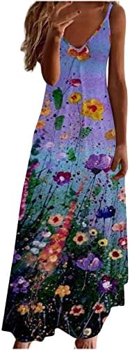 Yaz Rahat Kayma Elbiseler Kadınlar için Sevimli Çiçek Baskı V Boyun Kolsuz Spagetti Kayışı Gevşek Rahat Maxi uzun